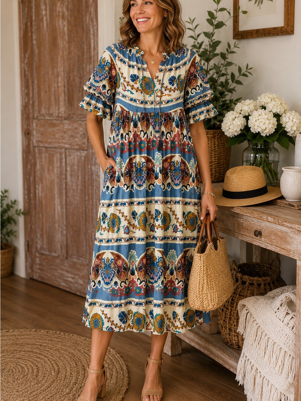 Umgee NWT Boho Floral Print Tiered Dress Size Small Blue Cream Flutter Sleeve